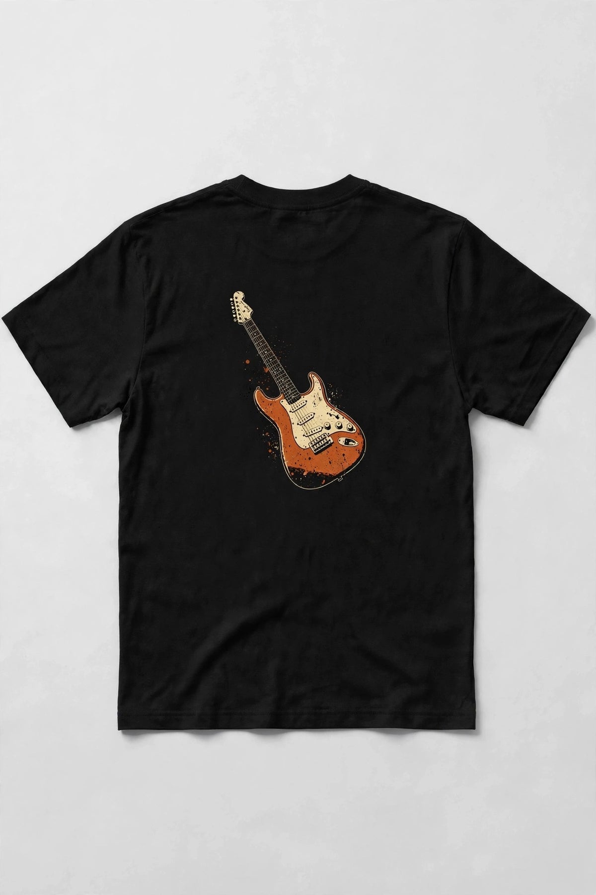 Black guitar t-shirt back print: red Strat style electric guitar, cream and burnt orange vintage distressed screen print