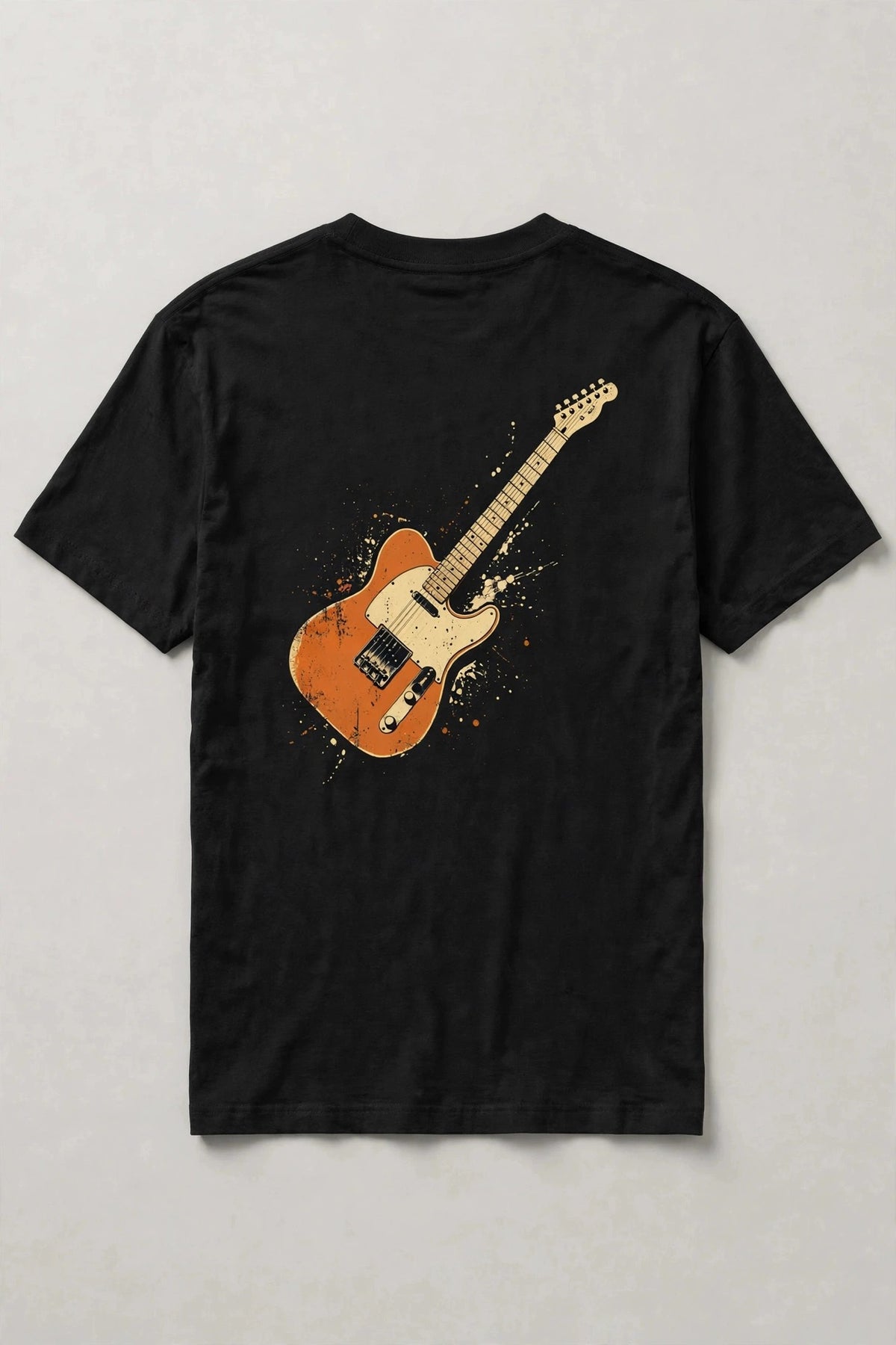 Black guitar t-shirt back print: butterscotch Tele style electric guitar, cream and burnt orange vintage distressed screen print