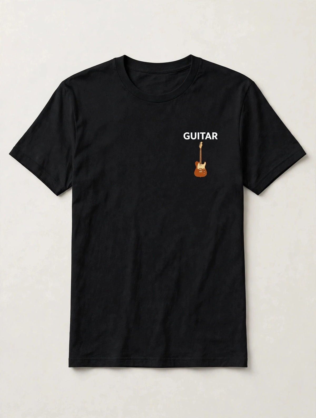 Black guitar t-shirt front: GUITAR in bold white caps with a small butterscotch Tele style guitar icon, left chest print