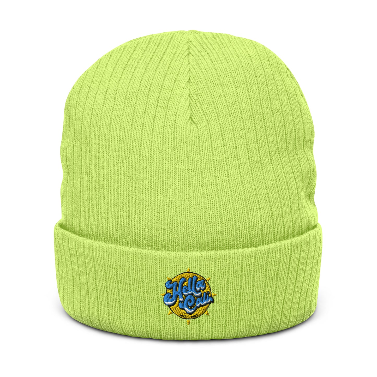 Hella Cali Ribbed knit beanie (yellow sun/blue lettering logo)