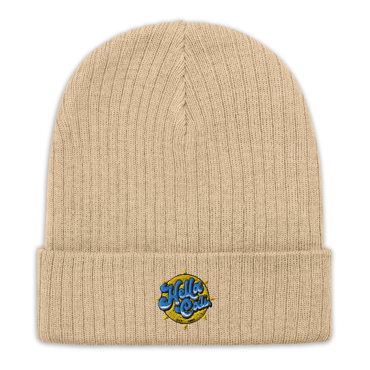 Hella Cali Ribbed knit beanie (yellow sun/blue lettering logo)