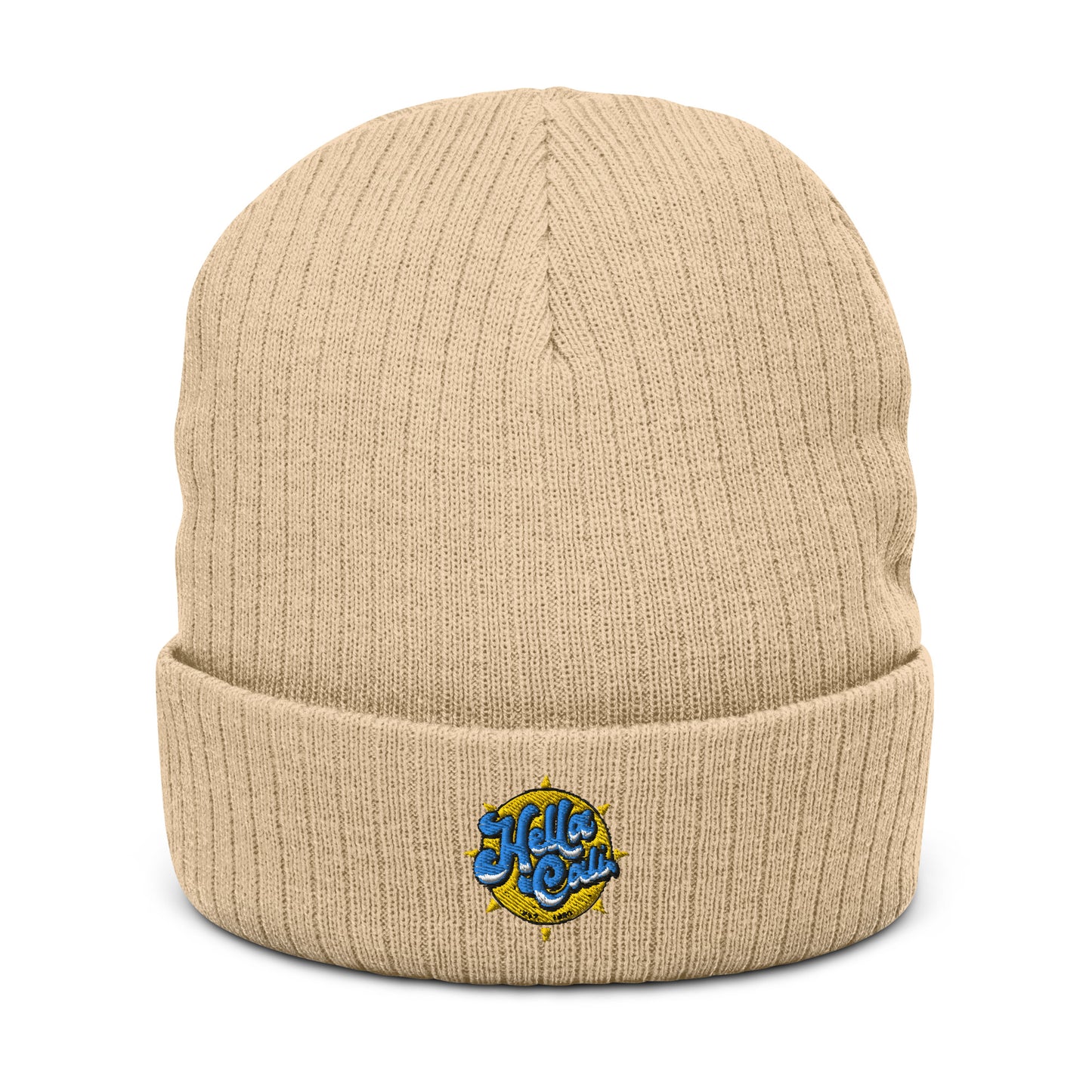 Hella Cali Ribbed knit beanie (yellow sun/blue lettering logo)