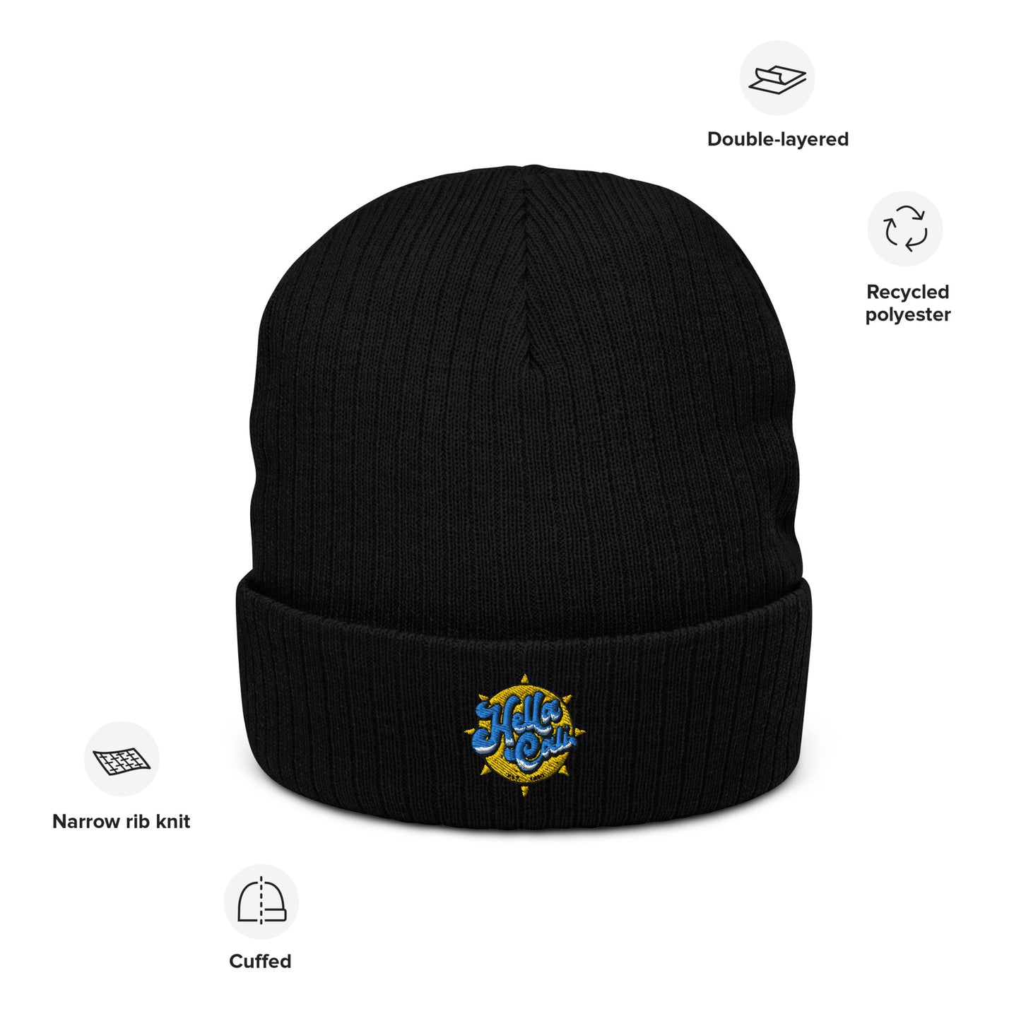 Hella Cali Ribbed knit beanie (yellow sun/blue lettering logo)