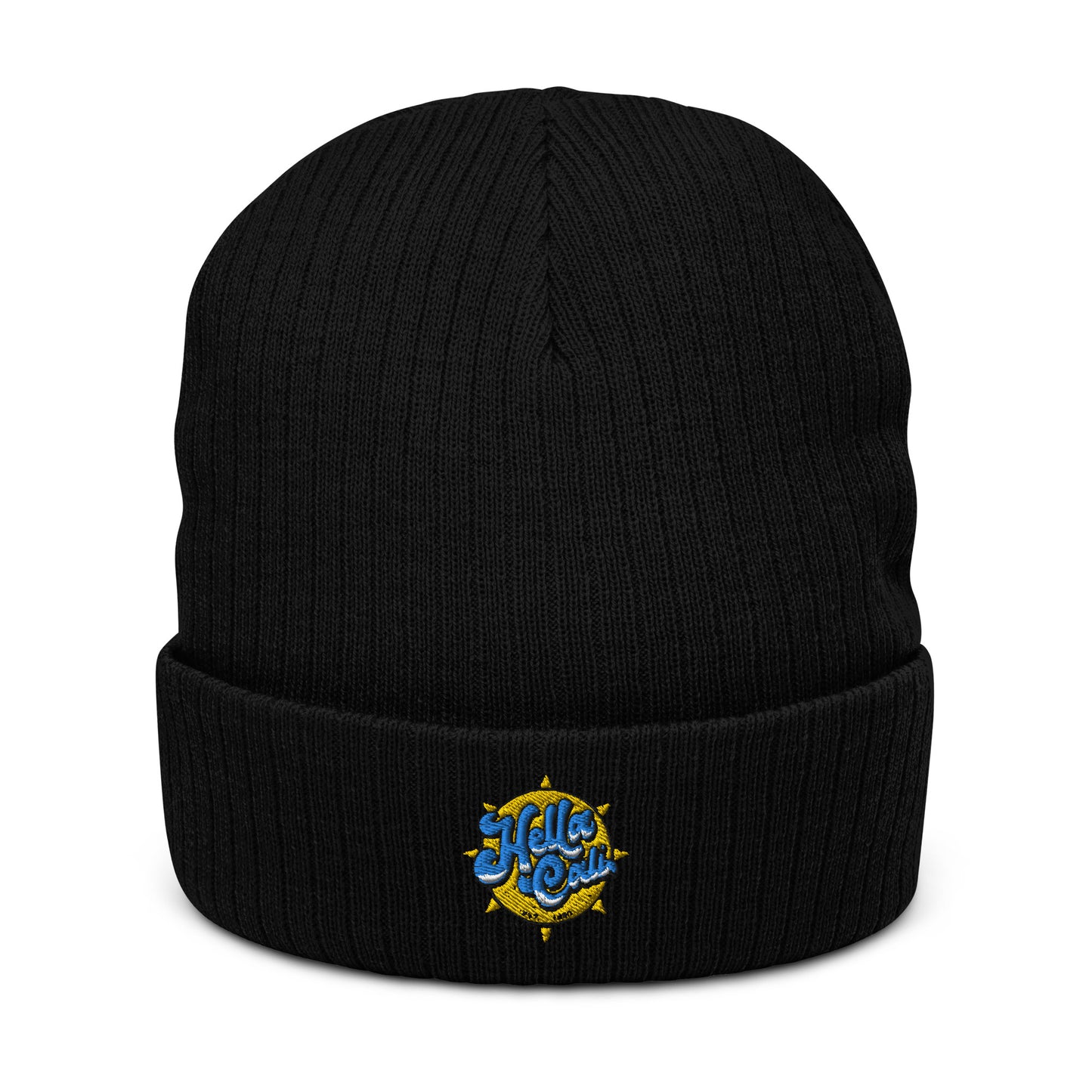 Hella Cali Ribbed knit beanie (yellow sun/blue lettering logo)