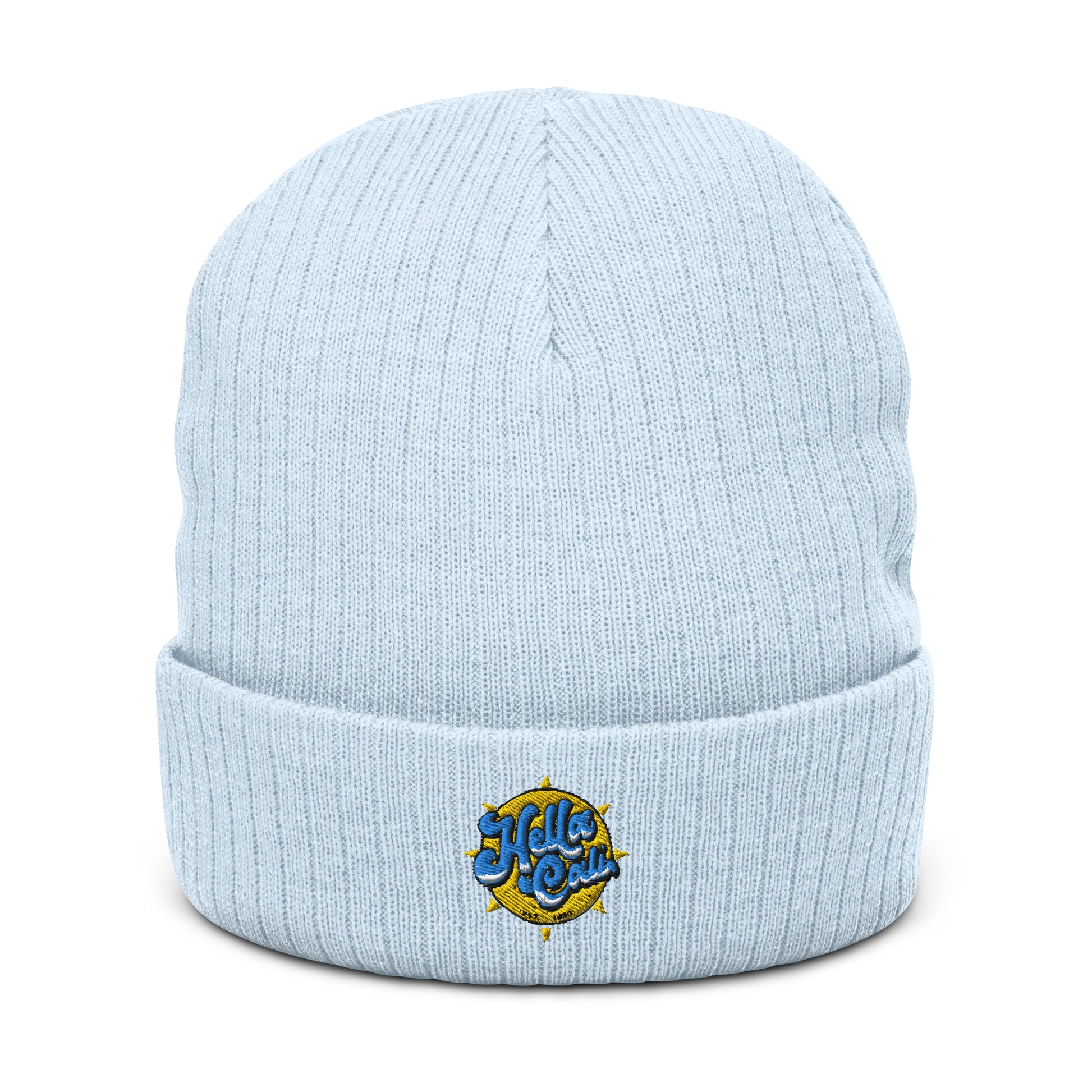 Hella Cali Ribbed knit beanie (yellow sun/blue lettering logo)