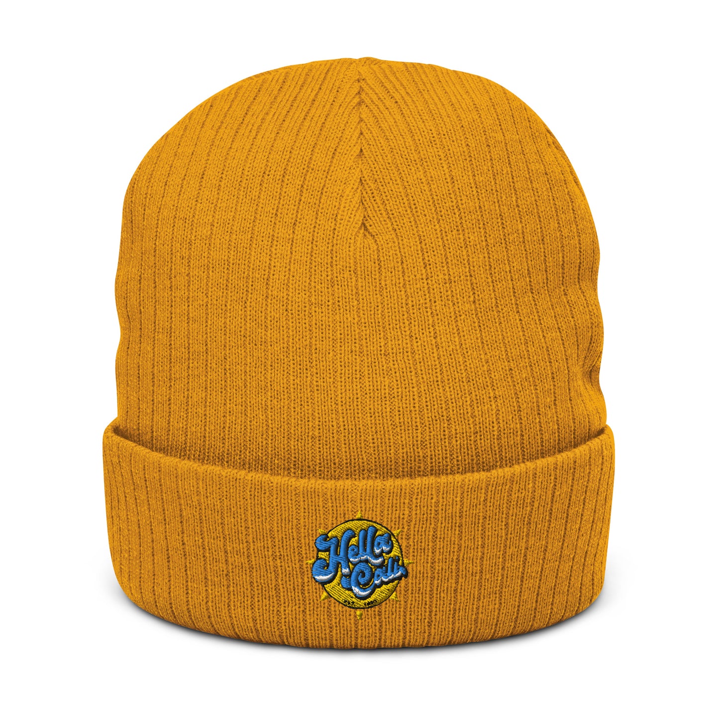 Hella Cali Ribbed knit beanie (yellow sun/blue lettering logo)