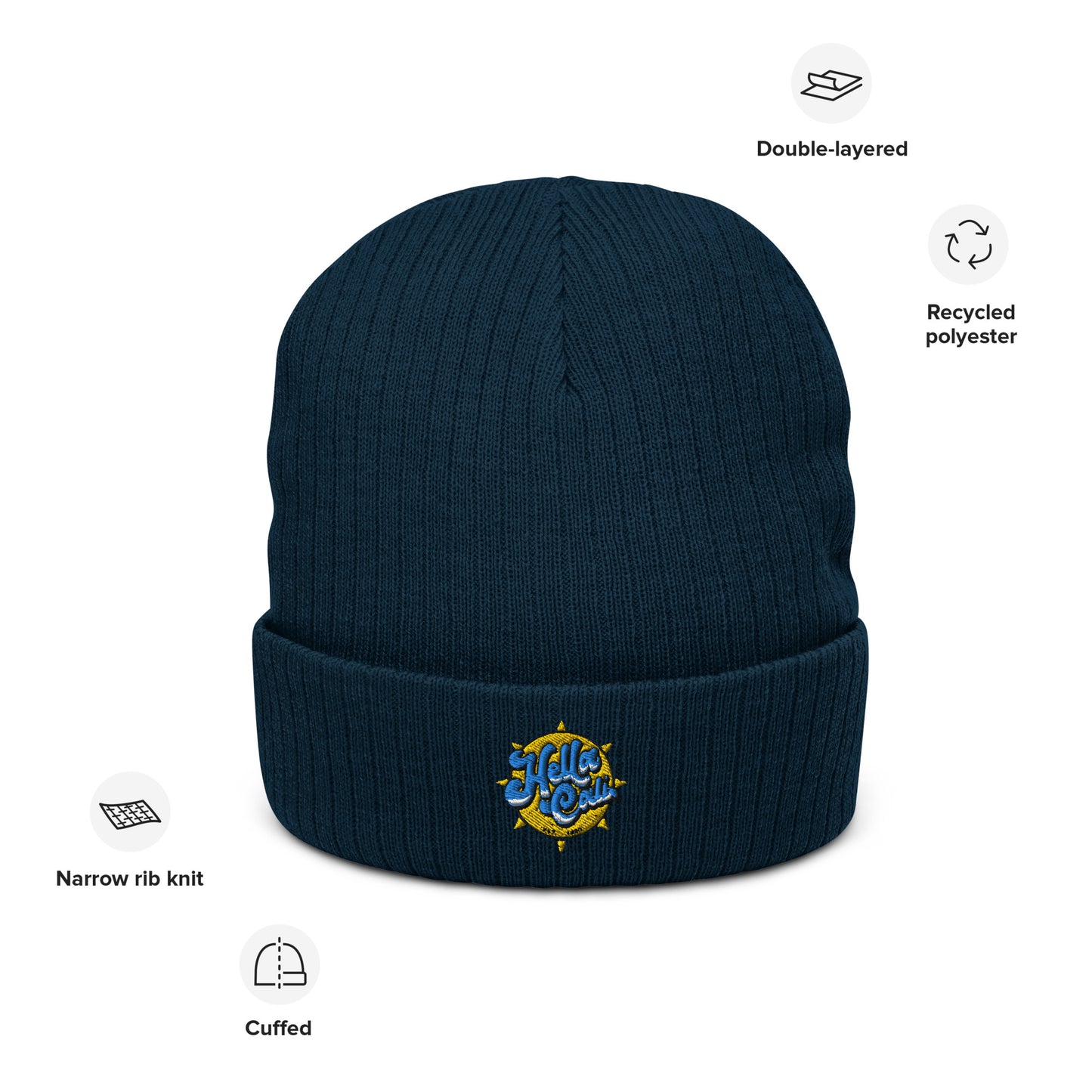 Navy Blue Hella Cali Ribbed knit beanie (yellow sun)