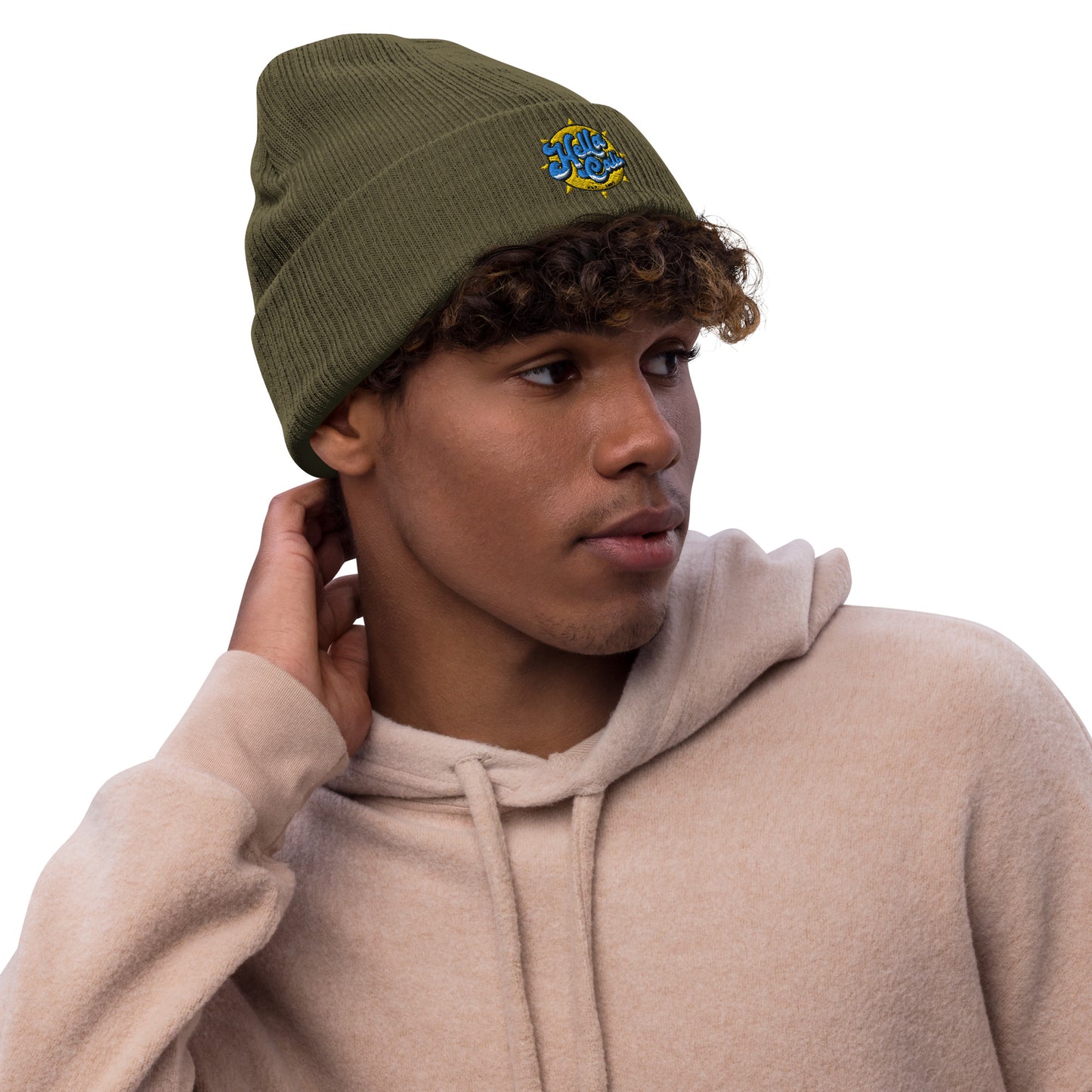 Olive Green Hella Cali Ribbed knit beanie (yellow sun)