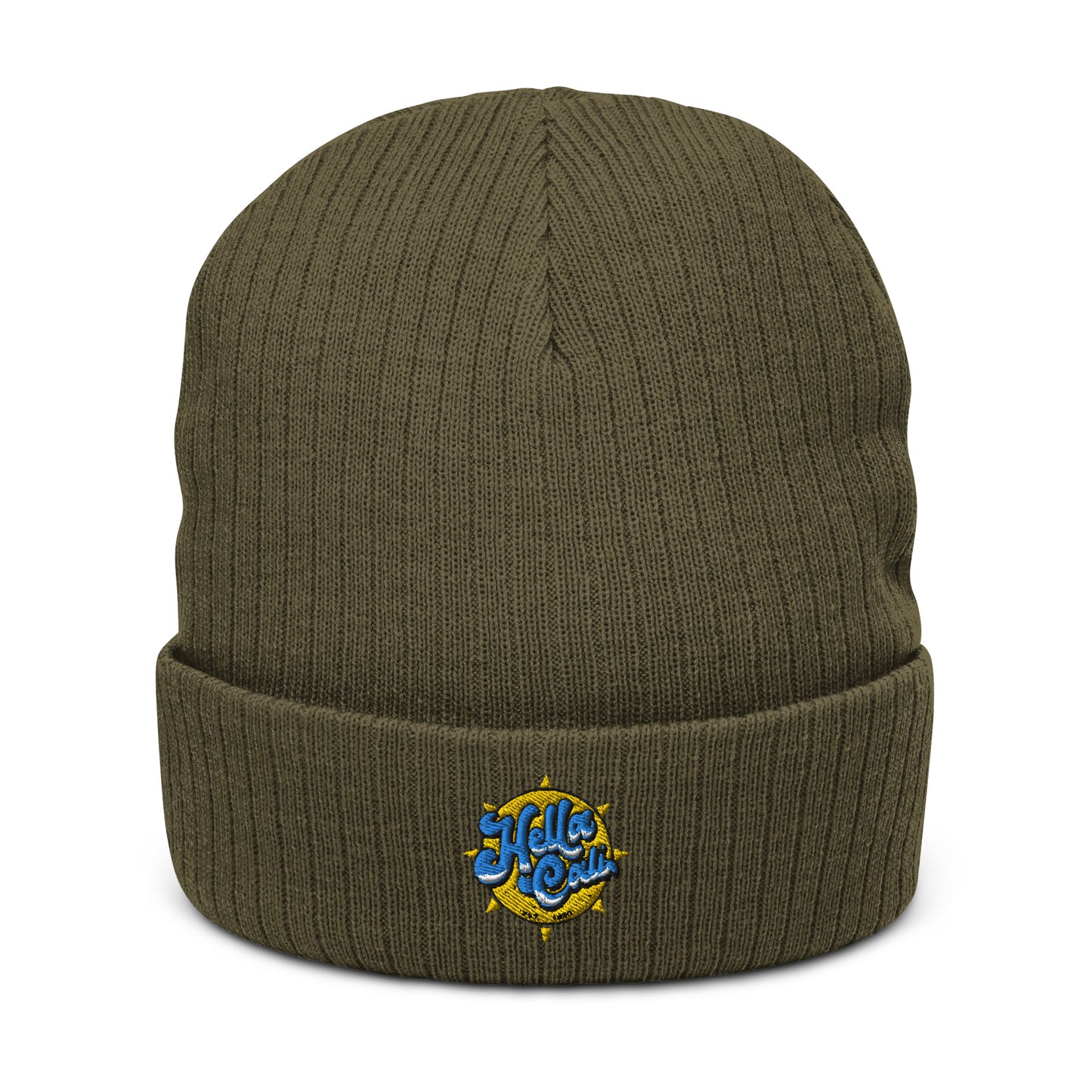 Hella Cali Ribbed knit beanie (yellow sun/blue lettering logo)