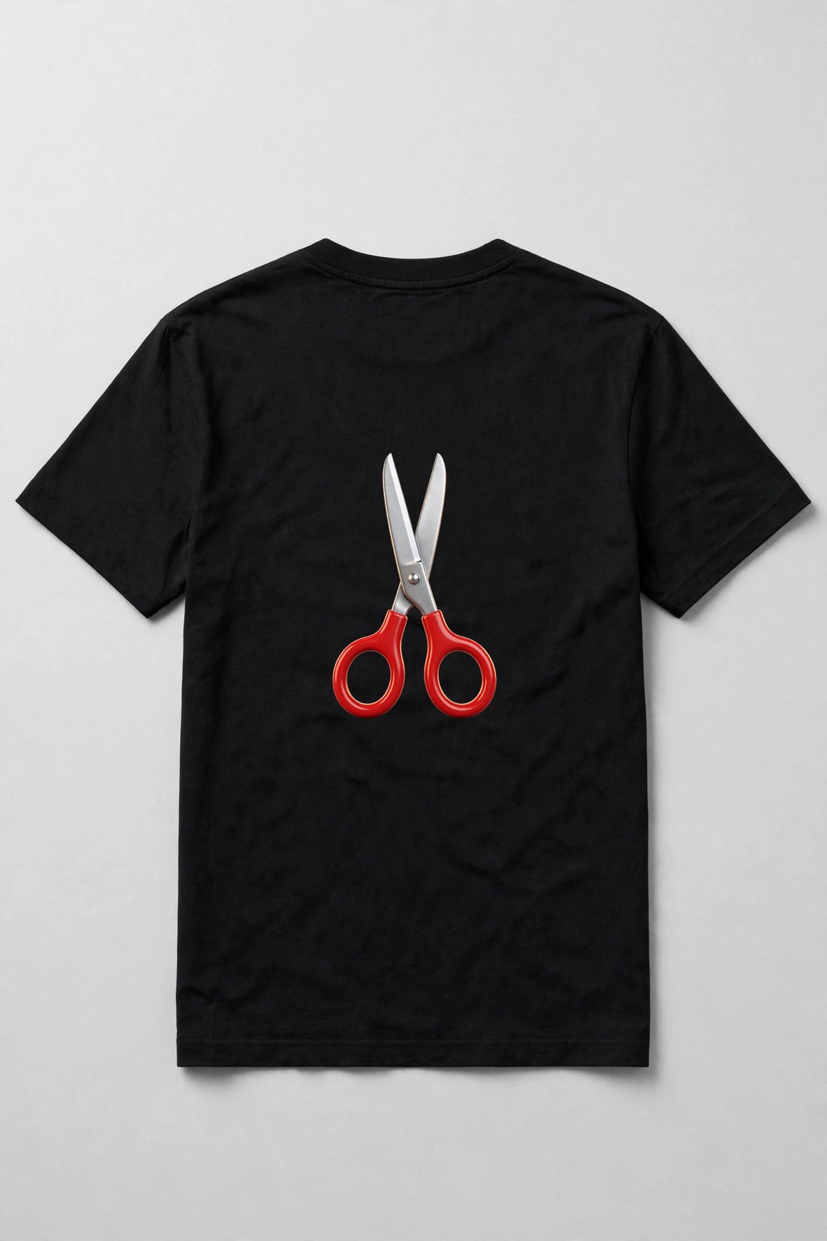 Black t-shirt back with a large scissors icon - Rock Paper Scissors game shirt