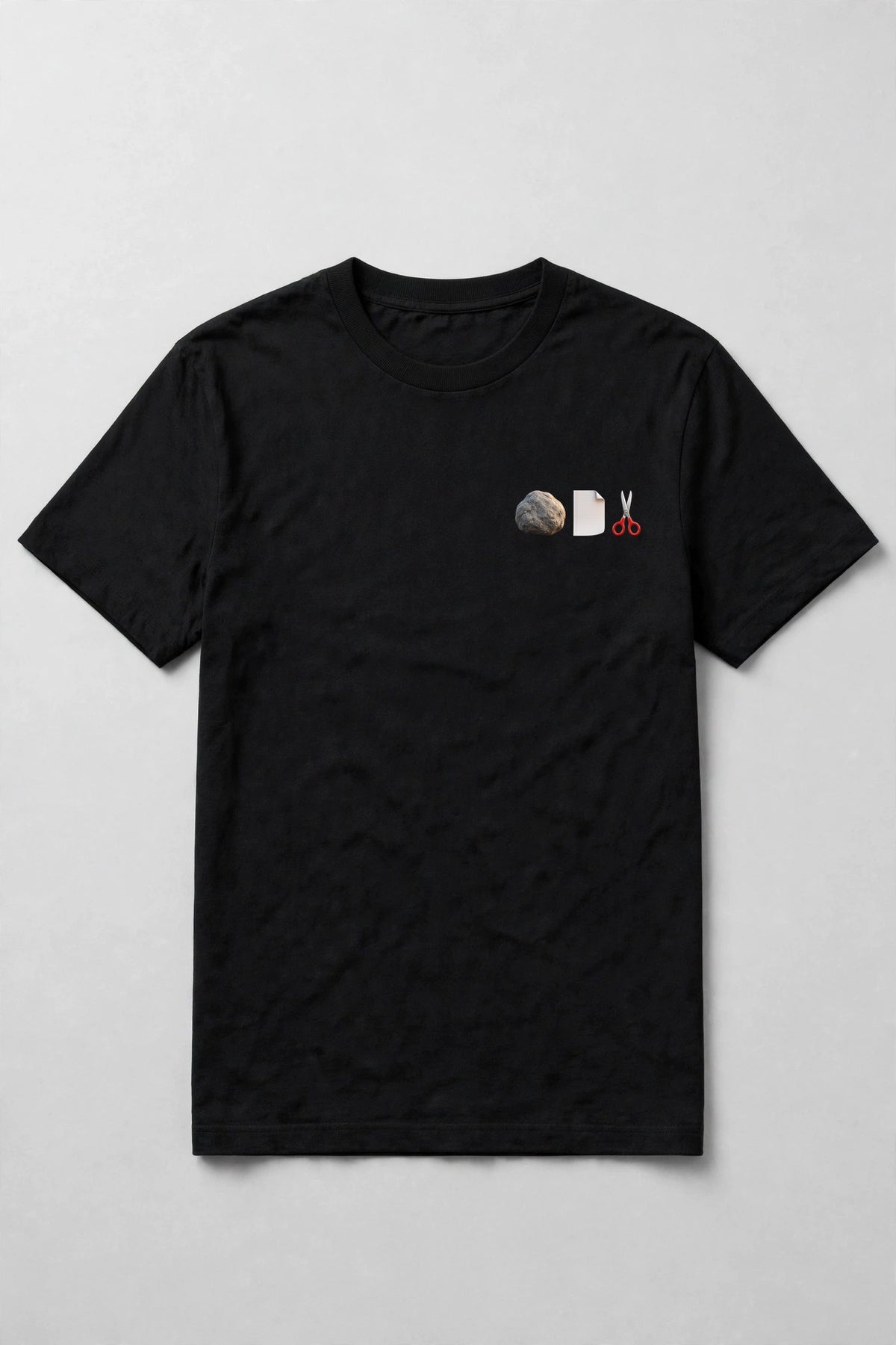 Black t-shirt front with rock, paper and scissors icons in a row at the left chest