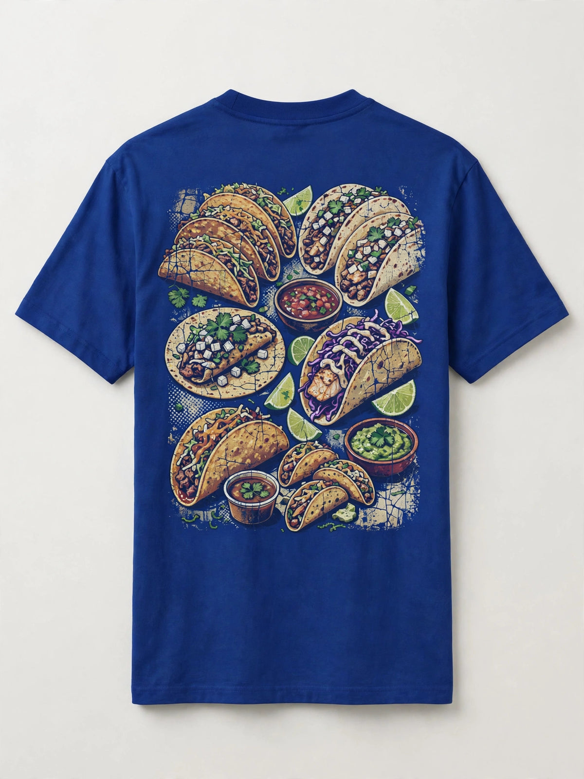 Tacos shirt back print - collage of tacos hard shell street fish and birria with salsa bowls and lime wedges vintage distressed art on blue tee