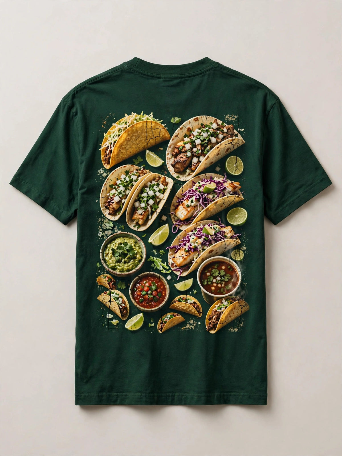 Tacos shirt back print - collage of tacos hard shell street fish and birria with salsa bowls and lime wedges vintage distressed art on green tee