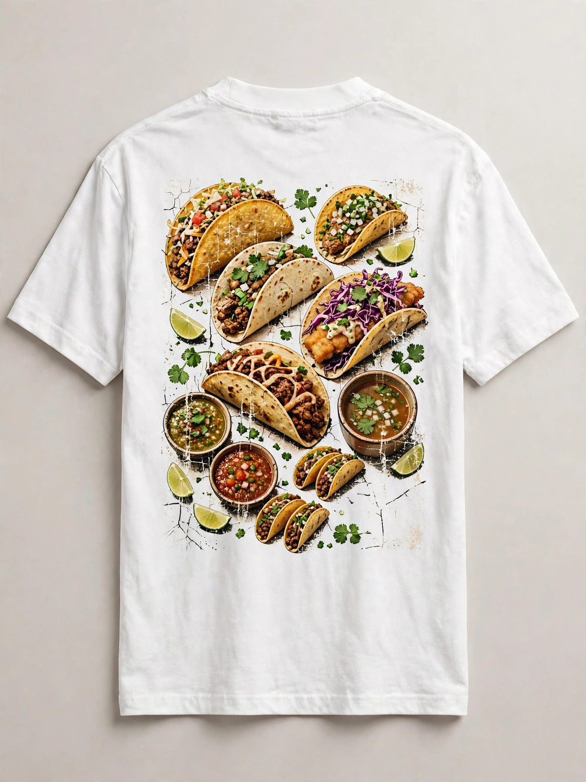 Tacos shirt back print - collage of tacos hard shell street fish and birria with salsa bowls and lime wedges vintage distressed art on white tee