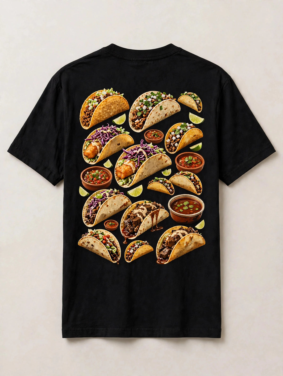 Tacos shirt back print - collage of tacos hard shell street fish and birria with salsa bowls and lime wedges vintage distressed art on black tee
