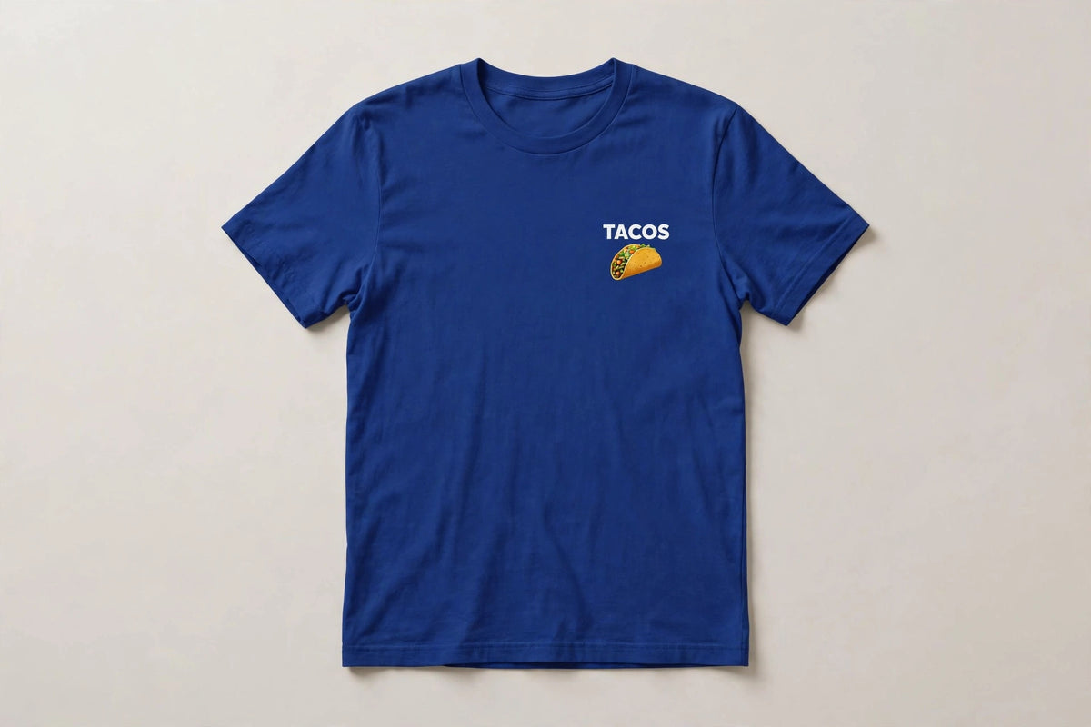 Tacos shirt front - TACOS chest print with small taco icon below (white ink) on blue Bella Canvas tee flat lay