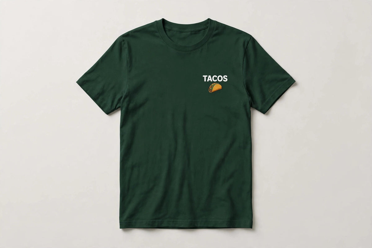 Tacos shirt front - TACOS chest print with small taco icon below (white ink) on green Bella Canvas tee flat lay