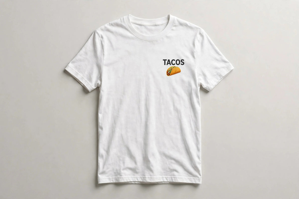 Tacos shirt front - TACOS chest print with small taco icon below (dark ink) on white Bella Canvas tee flat lay