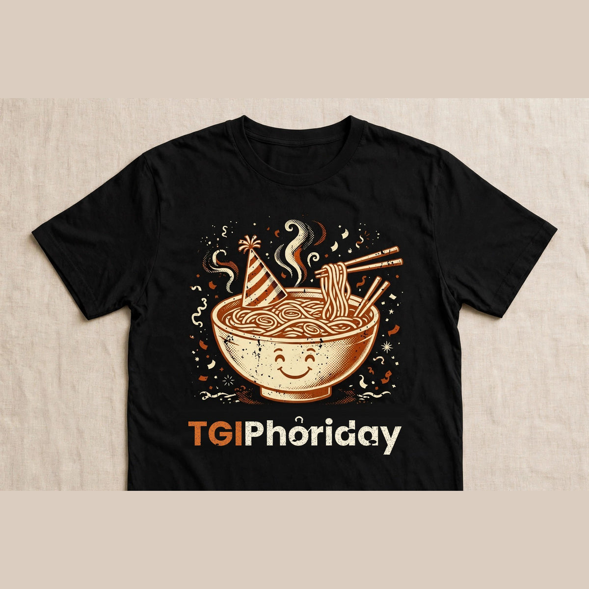 TGIPhởriday pho shirt front print - vintage pho bowl graphic, ink on black Bella Canvas tee flat lay