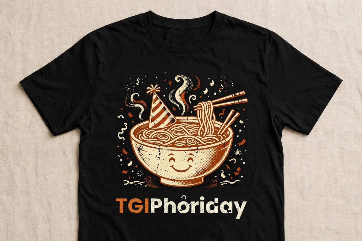 TGIPhởriday pho shirt front print - vintage pho bowl graphic, ink on black Bella Canvas tee flat lay