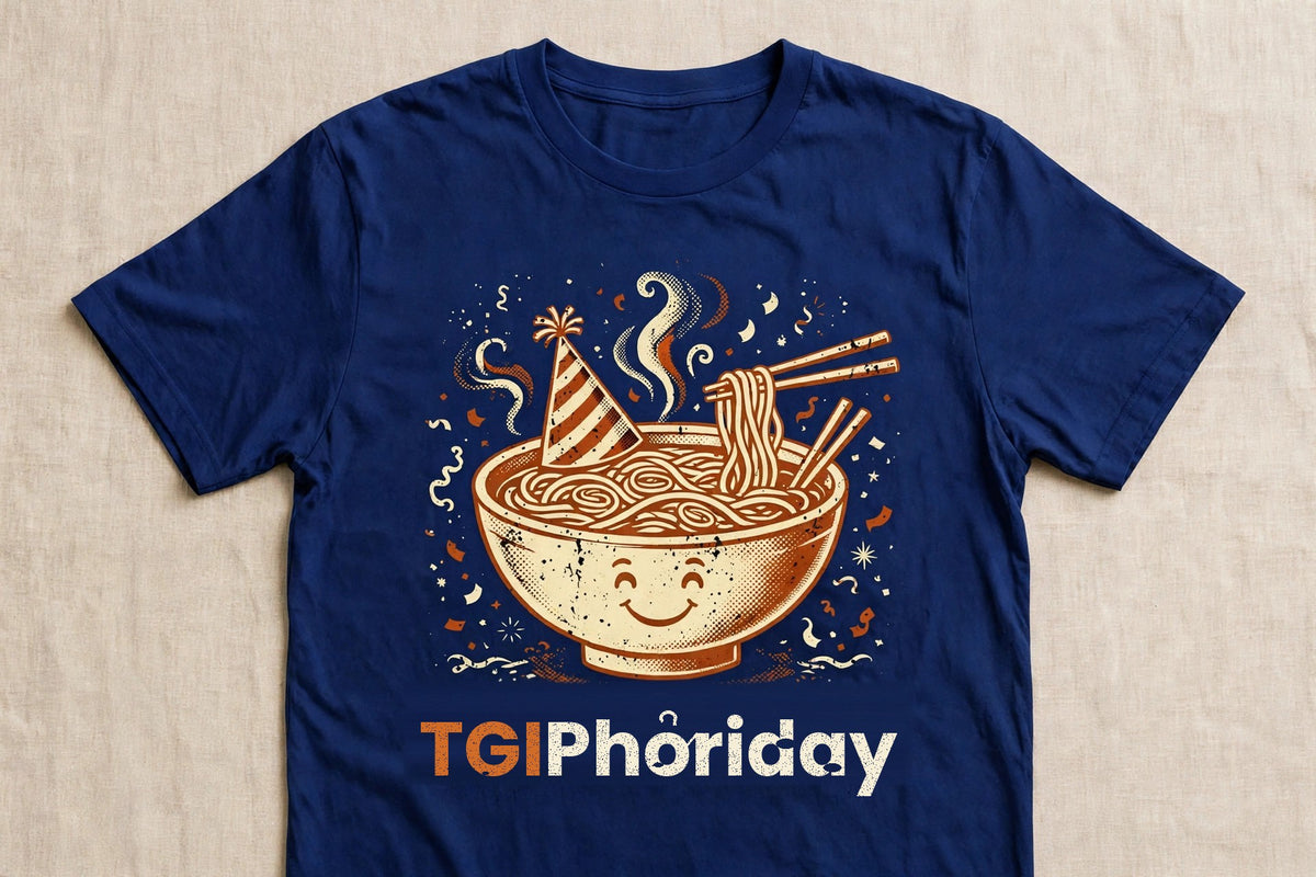 TGIPhởriday pho shirt front print - vintage pho bowl graphic, ink on blue Bella Canvas tee flat lay