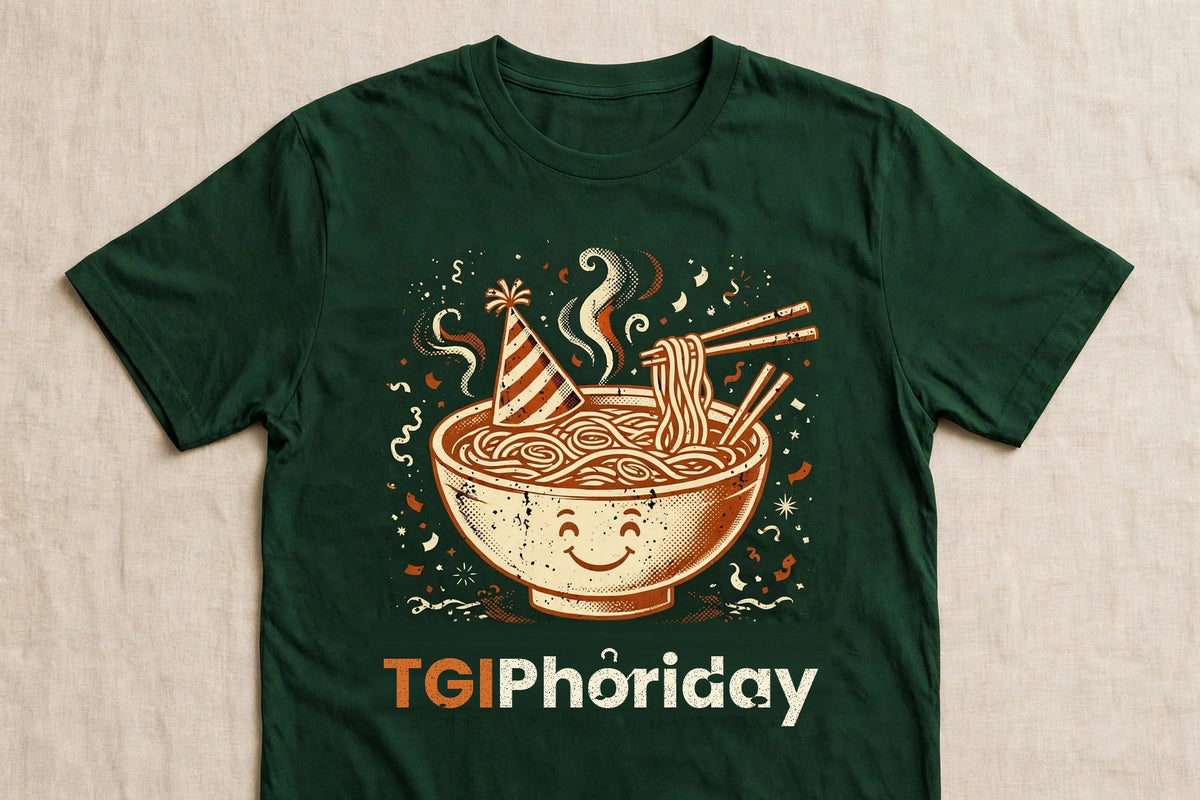 TGIPhởriday pho shirt front print - vintage pho bowl graphic, ink on green Bella Canvas tee flat lay
