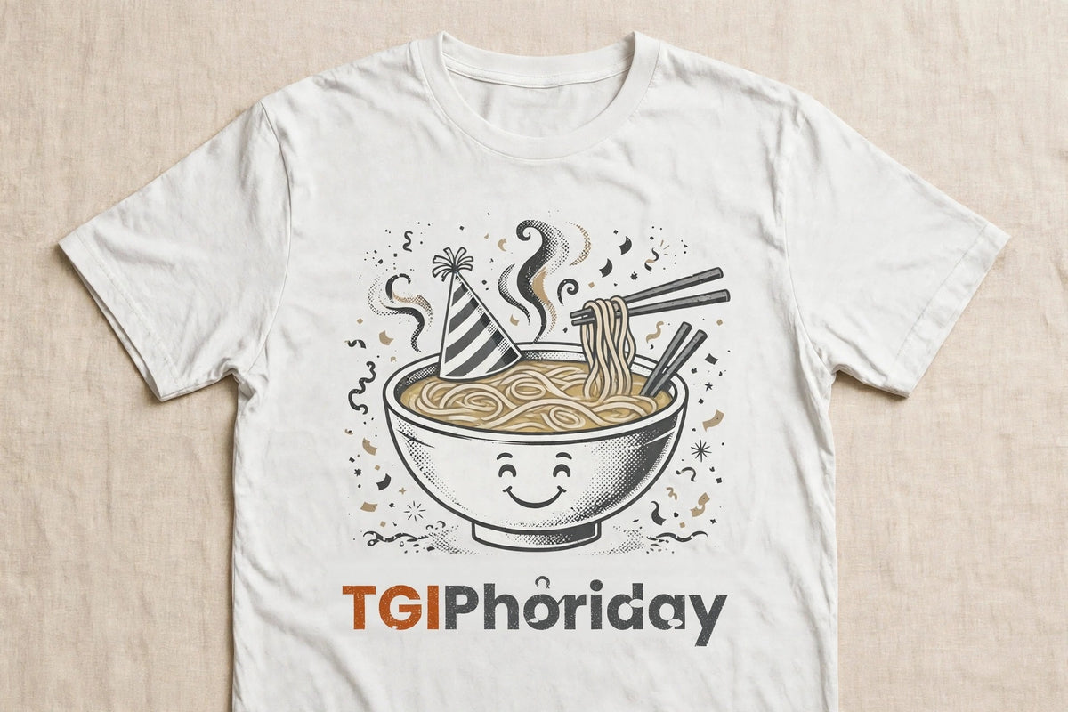 TGIPhởriday pho shirt front print - vintage pho bowl graphic, dark ink ink on white Bella Canvas tee flat lay