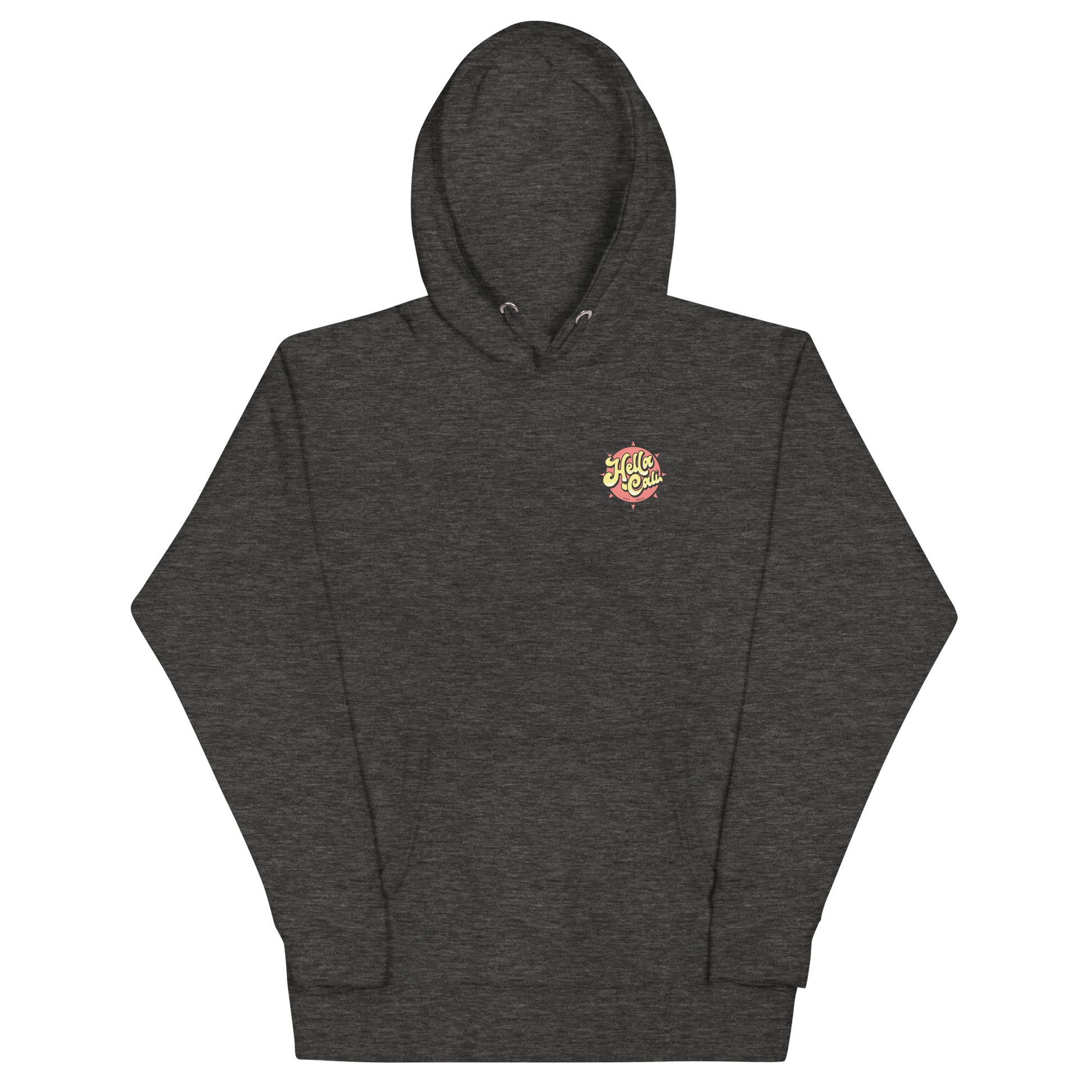 Charcoal Gray Hella Cali Hoodie Orange Sun Yellow/Black Lettering Logo