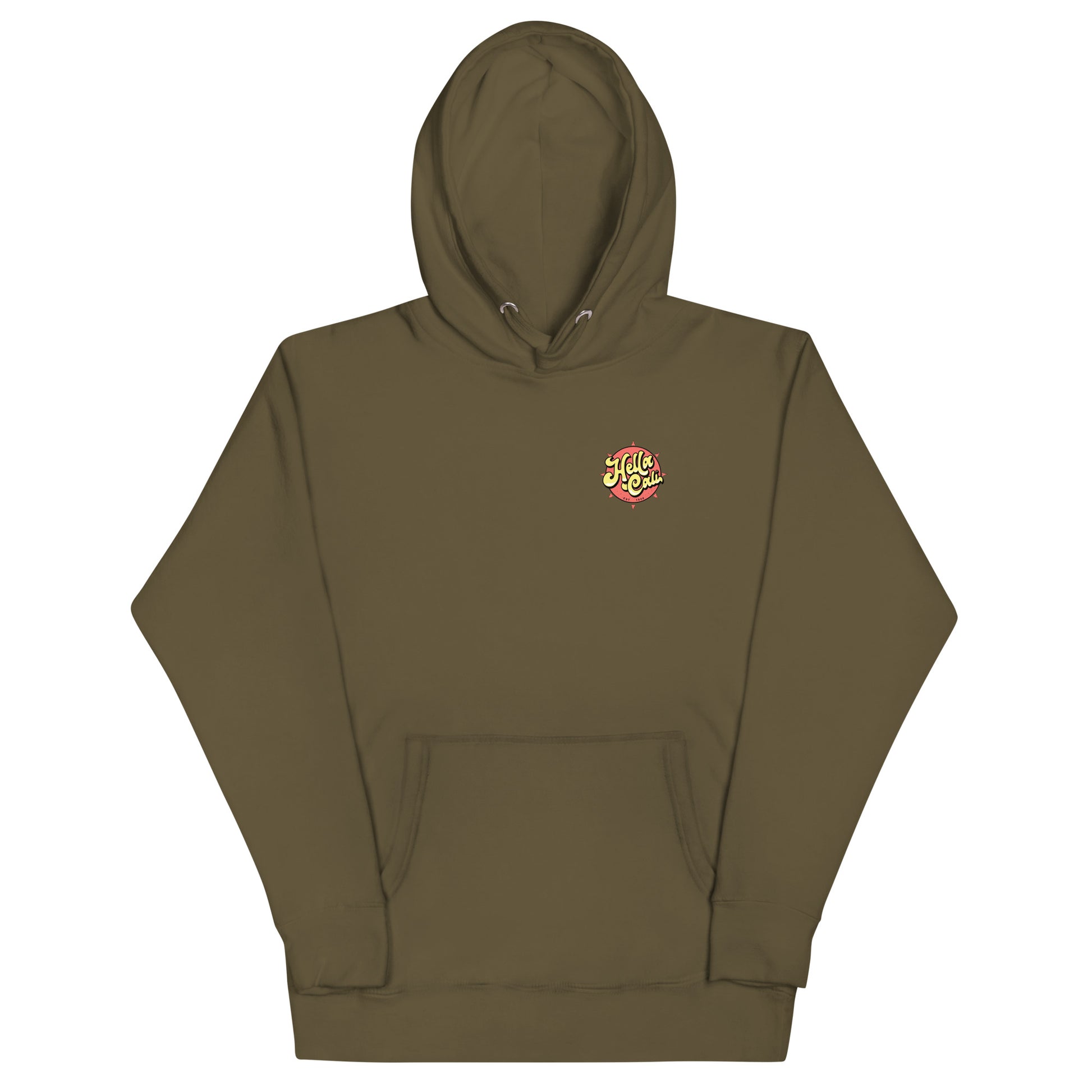 Military Green Hella Cali Orange Sun Yellow/Black Lettering Logo Hoodie