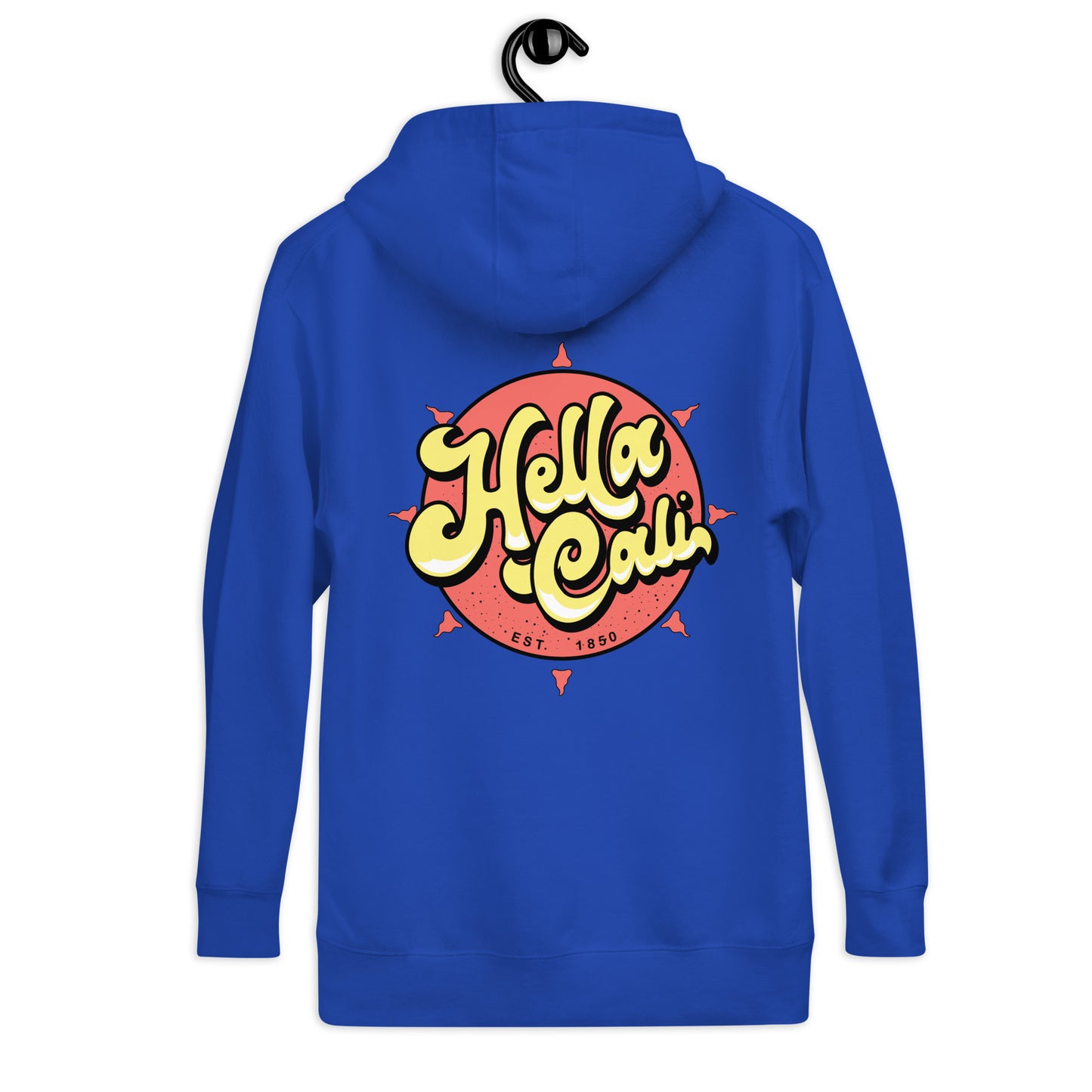 Blue back Hella Cali Orange Sun Yellow/Black Lettering Logo Hoodie