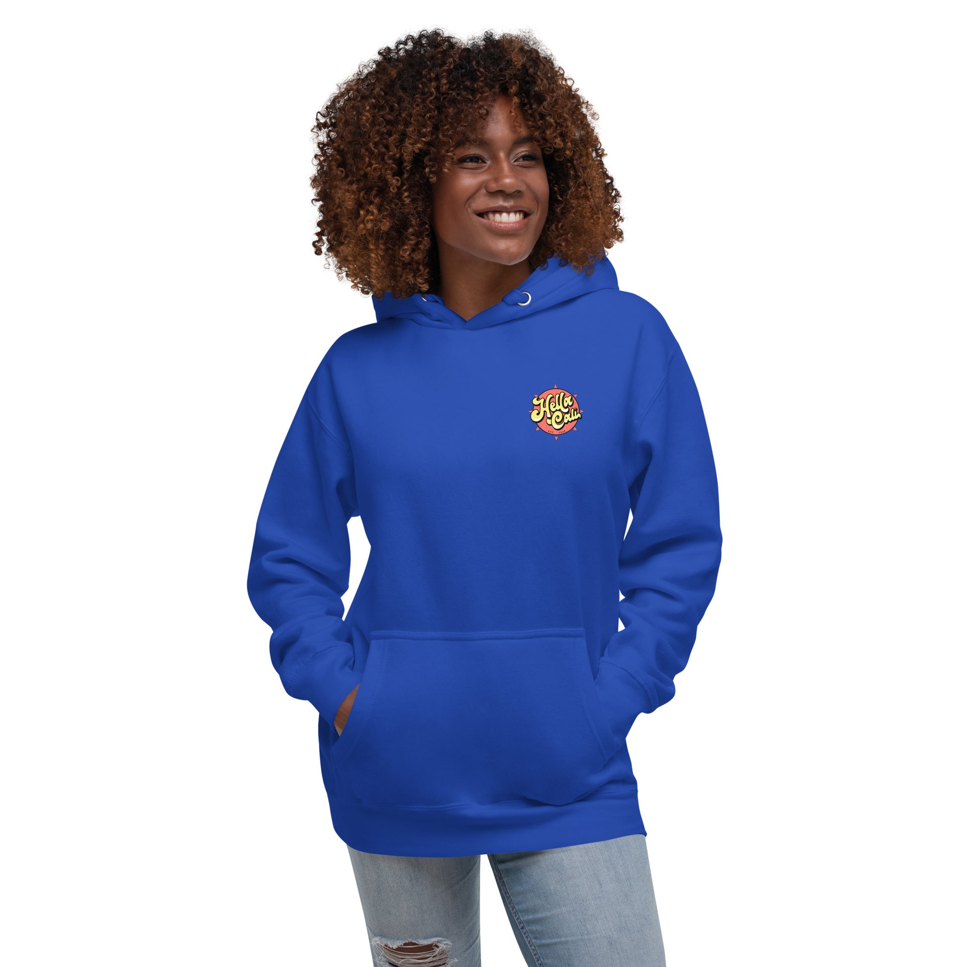 Royal Blue Hella Cali Hoodie With Orange Sun Yellow/Black Lettering Logo