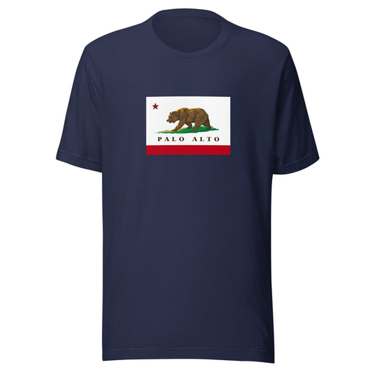 Palo Alto California design on a navy unisex t-shirt, front view. Hella Cali.