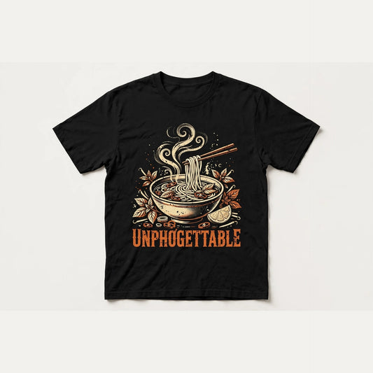 Unphởgettable pho shirt front print - vintage pho bowl graphic, ink on black Bella Canvas tee flat lay