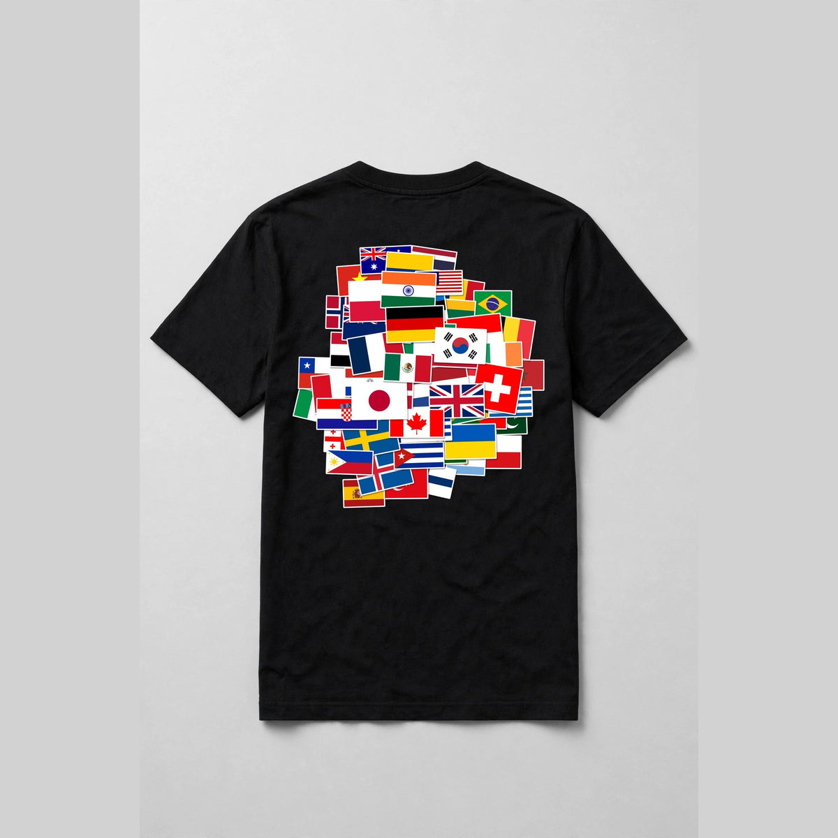 Black t-shirt back with a collage of 55 world flags