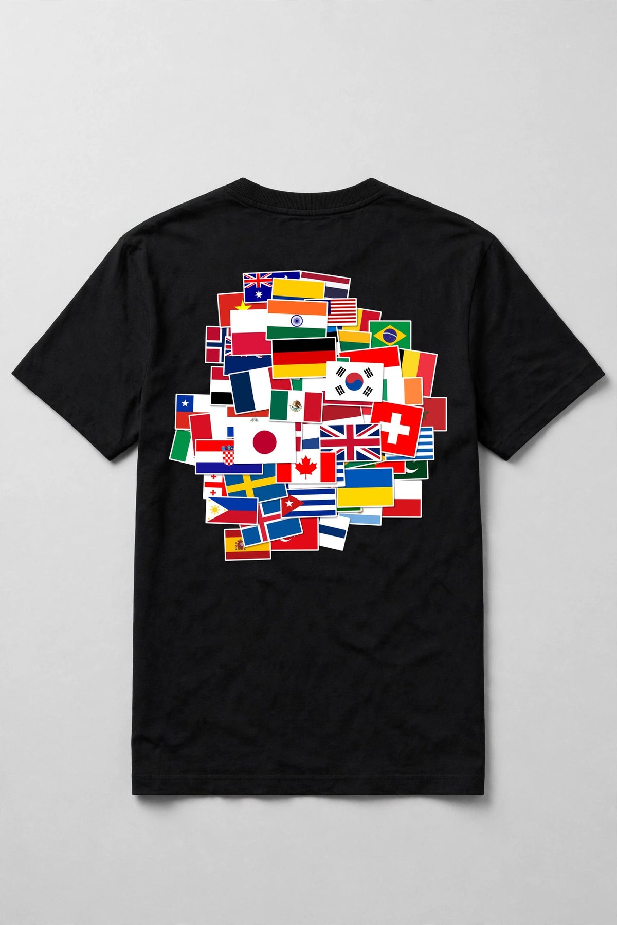 Black t-shirt back with a collage of 55 world flags