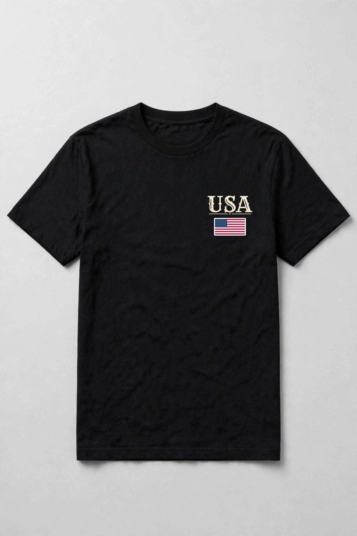 Black t-shirt with USA lettering and a US flag at the left chest