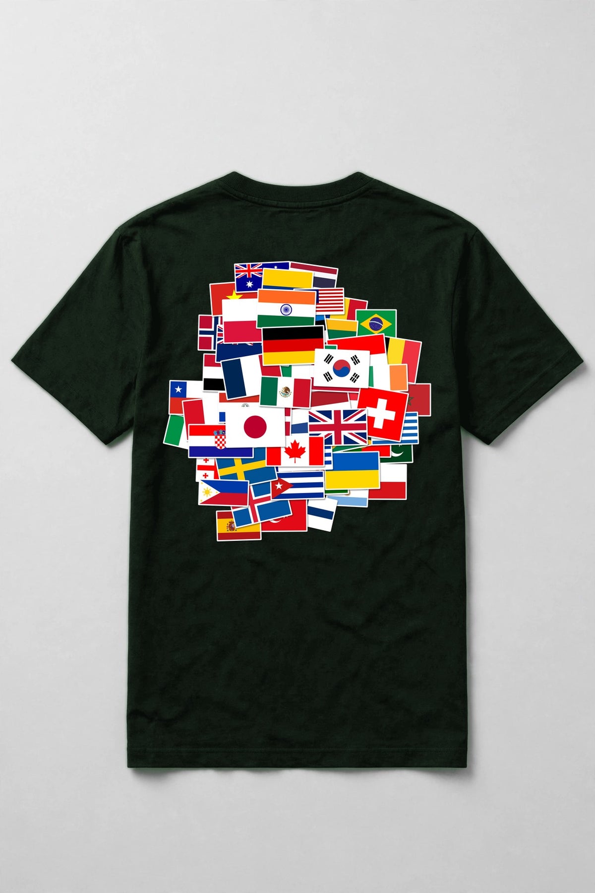 Forest t-shirt back with a collage of 55 world flags