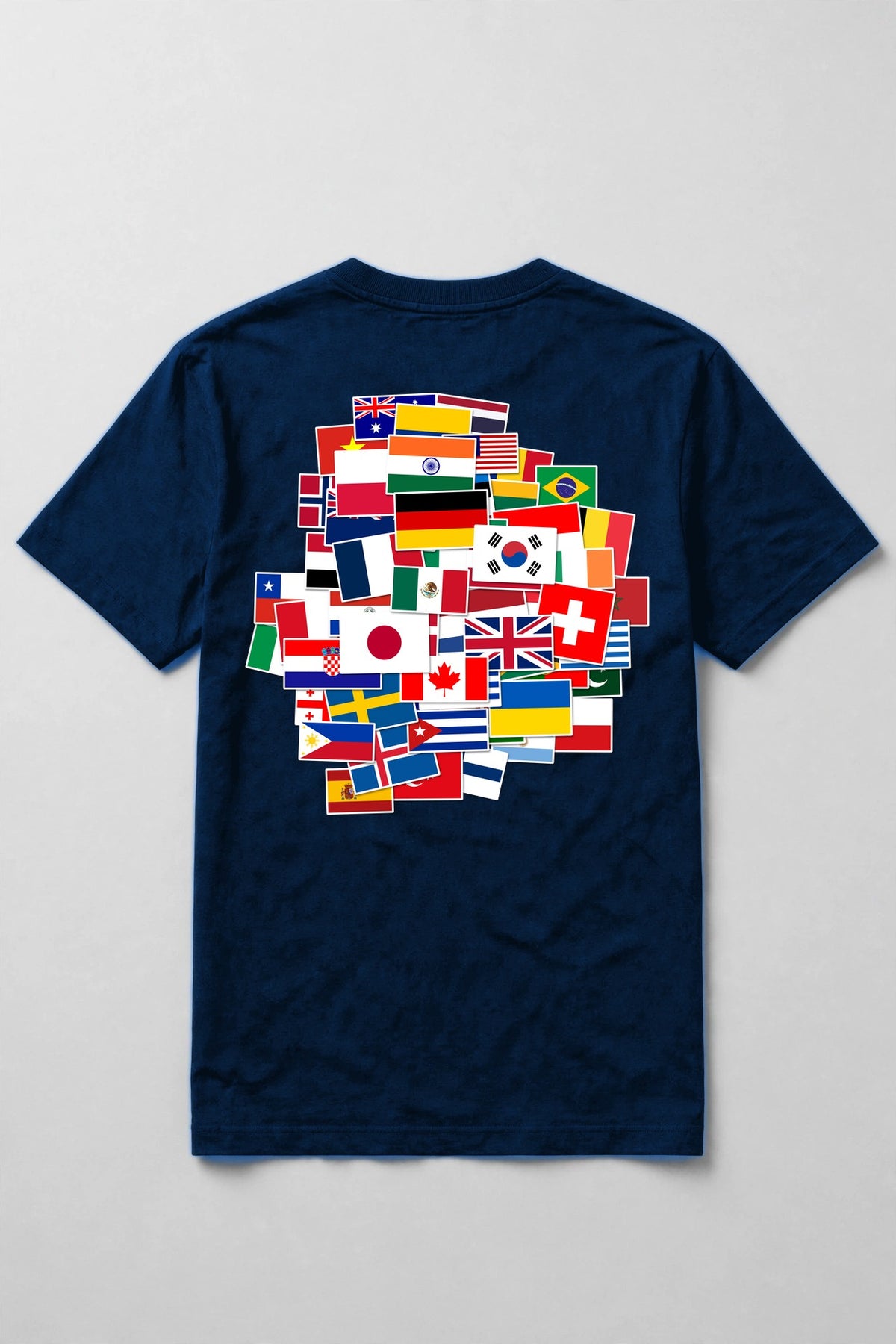 True Royal t-shirt back with a collage of 55 world flags