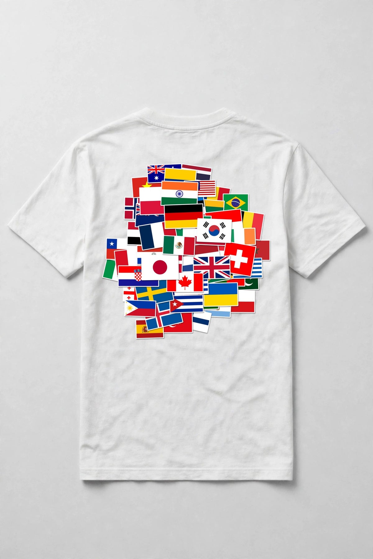 White t-shirt back with a collage of 55 world flags