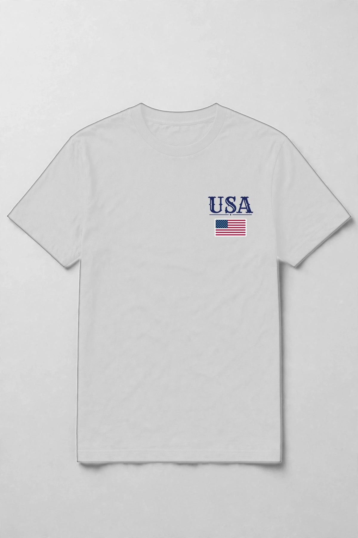 White t-shirt with USA lettering and a US flag at the left chest